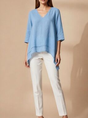 Light Blue V-Neck Linen Tunic Asymmetrical Hem